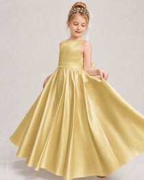 Dideyttawl White Girls Formal Dress Halter Satin Floor-Length Ball Gown