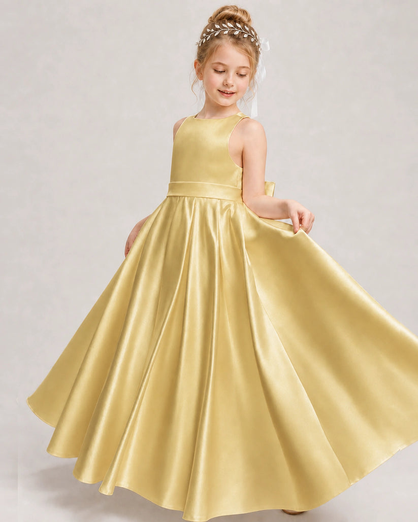 Gold Satin A-line Girls Formal Dress Front View