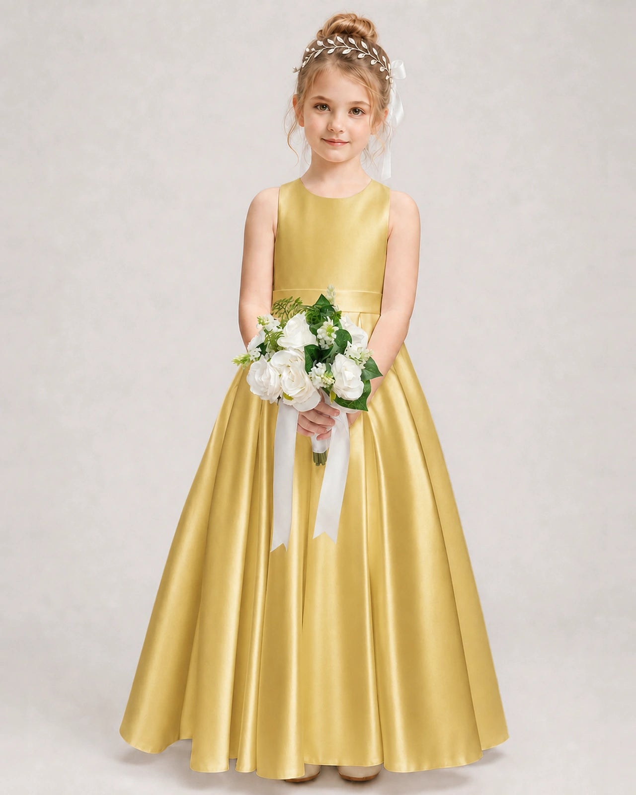 Dideyttawl White Flower Girl Dress | Halter Satin Floor-Length Ball Gown