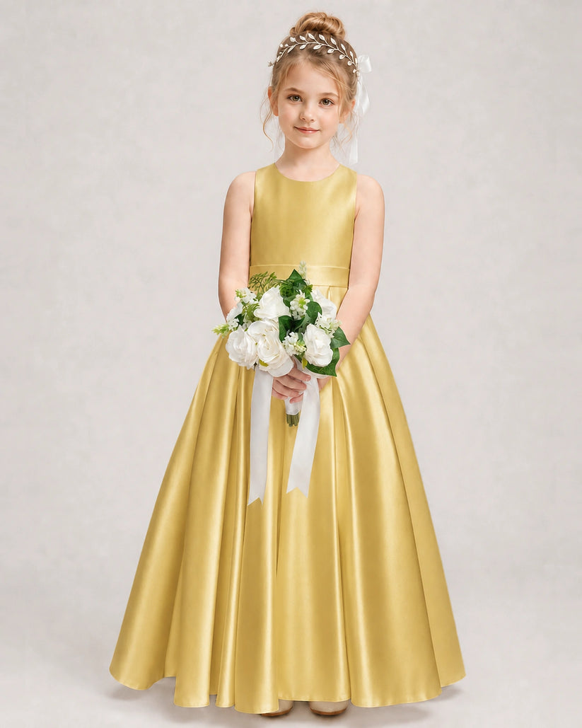 Gold Satin A-line Girls Formal Dress Front View