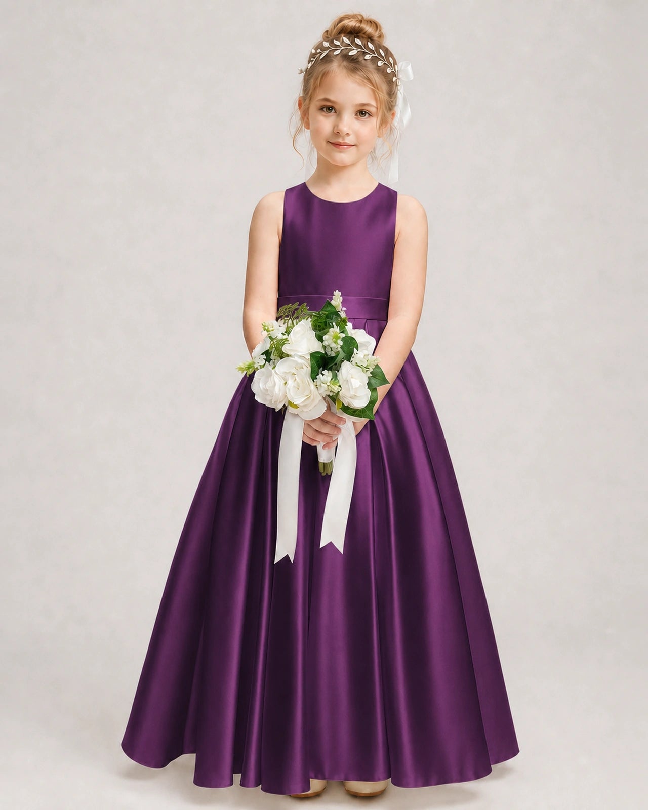 Dideyttawl White Girls Formal Dress Halter Satin Floor-Length Ball Gown