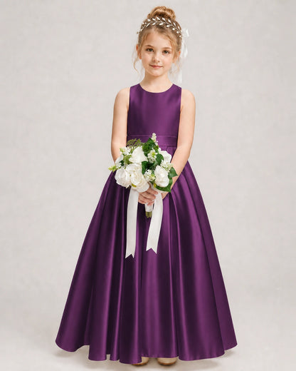 Dideyttawl White Flower Girl Dress | Halter Satin Floor-Length Ball Gown