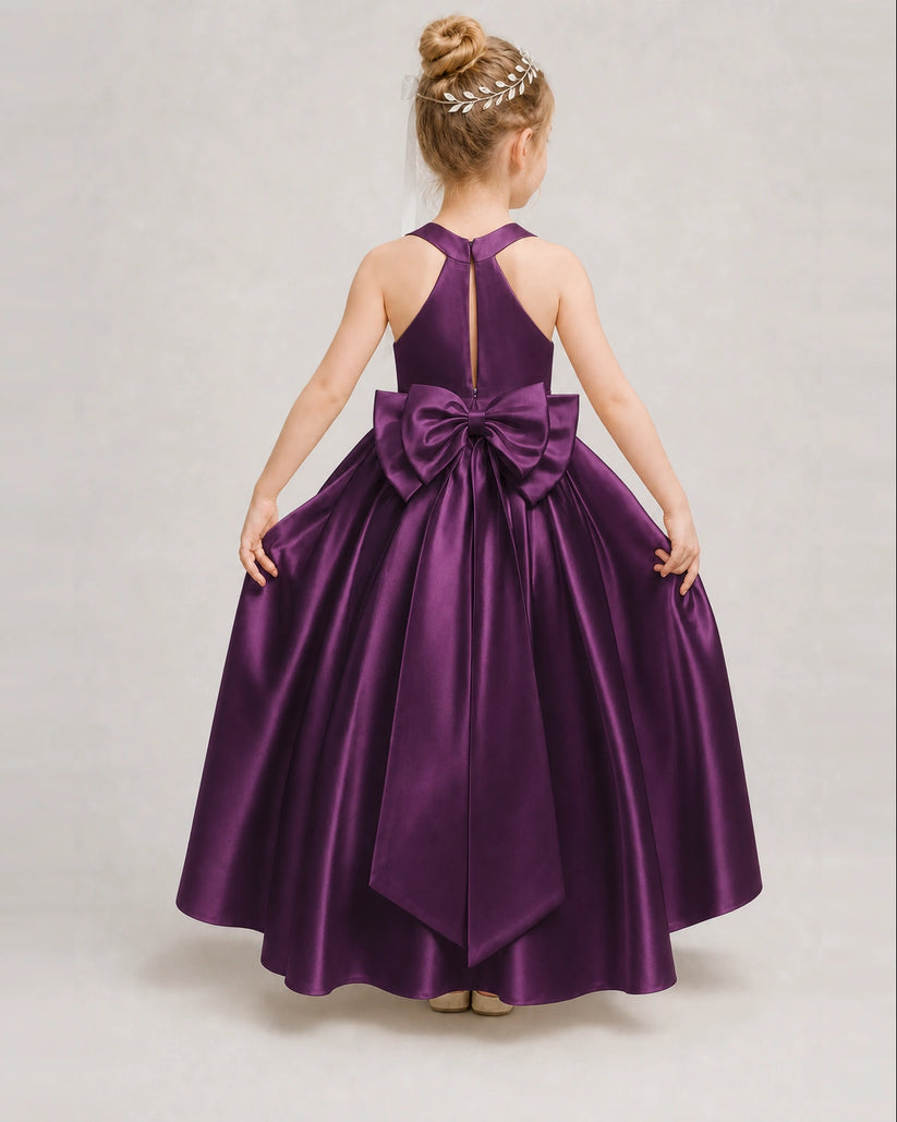 Grape Satin A-line Girls Formal Dress Back View