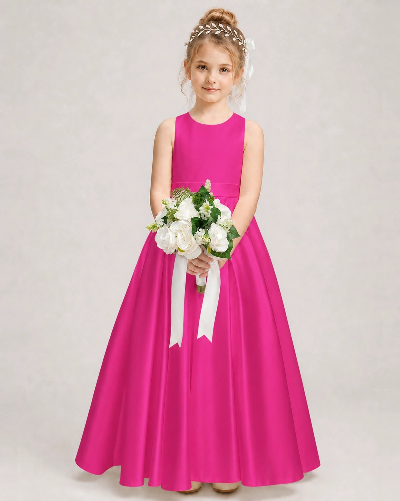Dideyttawl White Flower Girl Dress | Halter Satin Floor-Length Ball Gown
