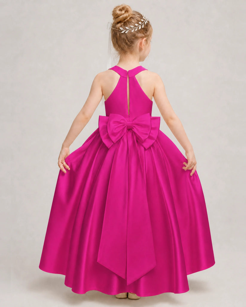Hot Pink Satin A-line Girls Formal Dress Back View