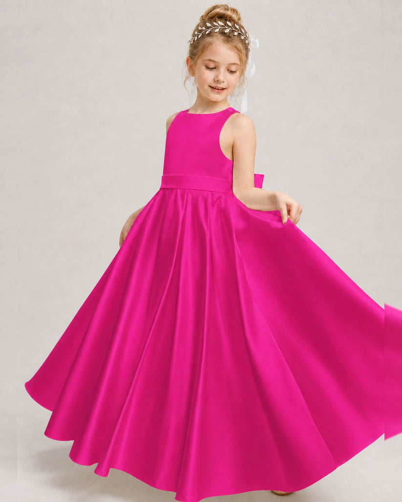 Hot Pink Satin A-line Girls Formal Dress Front View