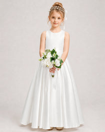 Dideyttawl White Girls Formal Dress Halter Satin Floor-Length Ball Gown