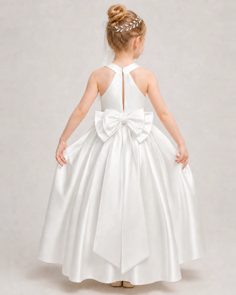 Ivory Satin A-line Girls Formal Dress Back View