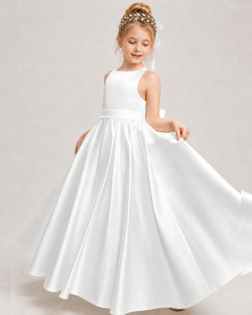 Ivory Satin A-line Girls Formal Dress Front View