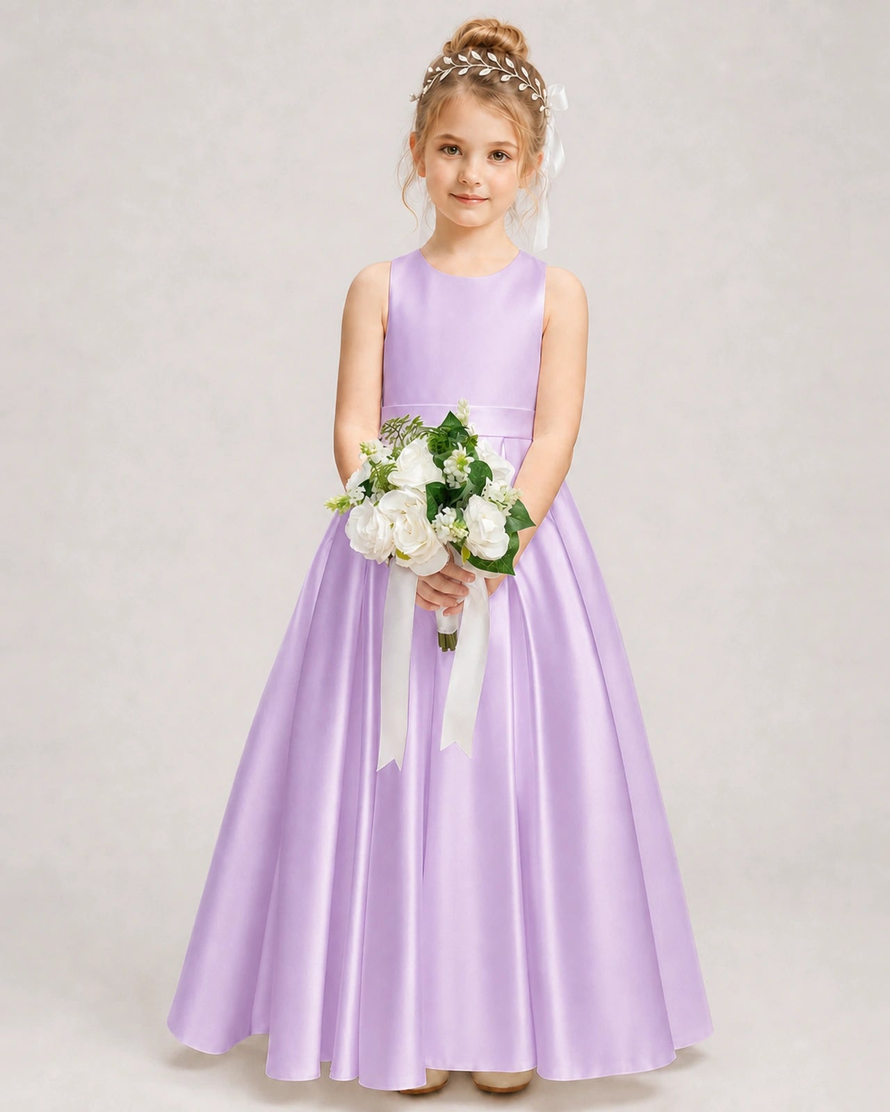 Dideyttawl White Flower Girl Dress | Halter Satin Floor-Length Ball Gown