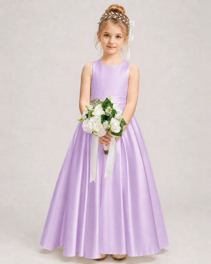 Dideyttawl White Flower Girl Dress | Halter Satin Floor-Length Ball Gown