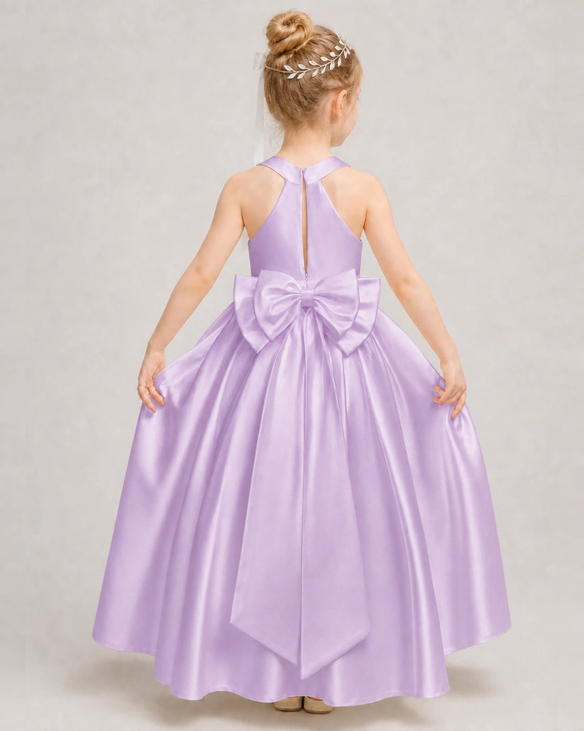 Lilac Satin A-line Girls Formal Dress Back View