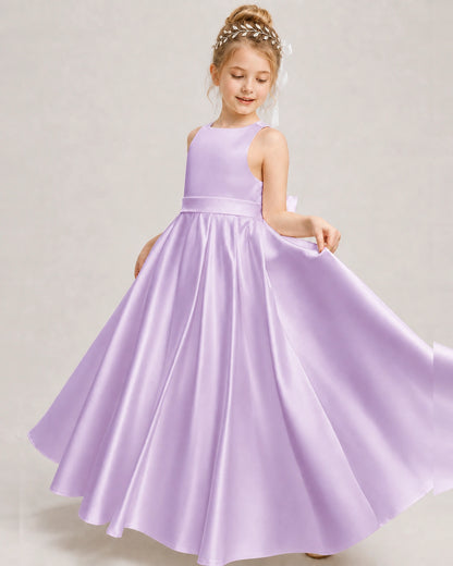 Dideyttawl White Flower Girl Dress | Halter Satin Floor-Length Ball Gown