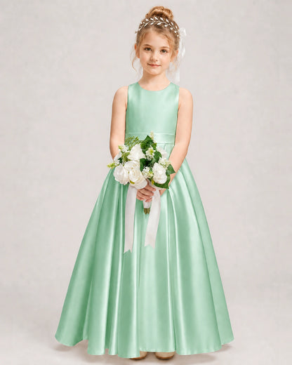 Dideyttawl White Flower Girl Dress | Halter Satin Floor-Length Ball Gown