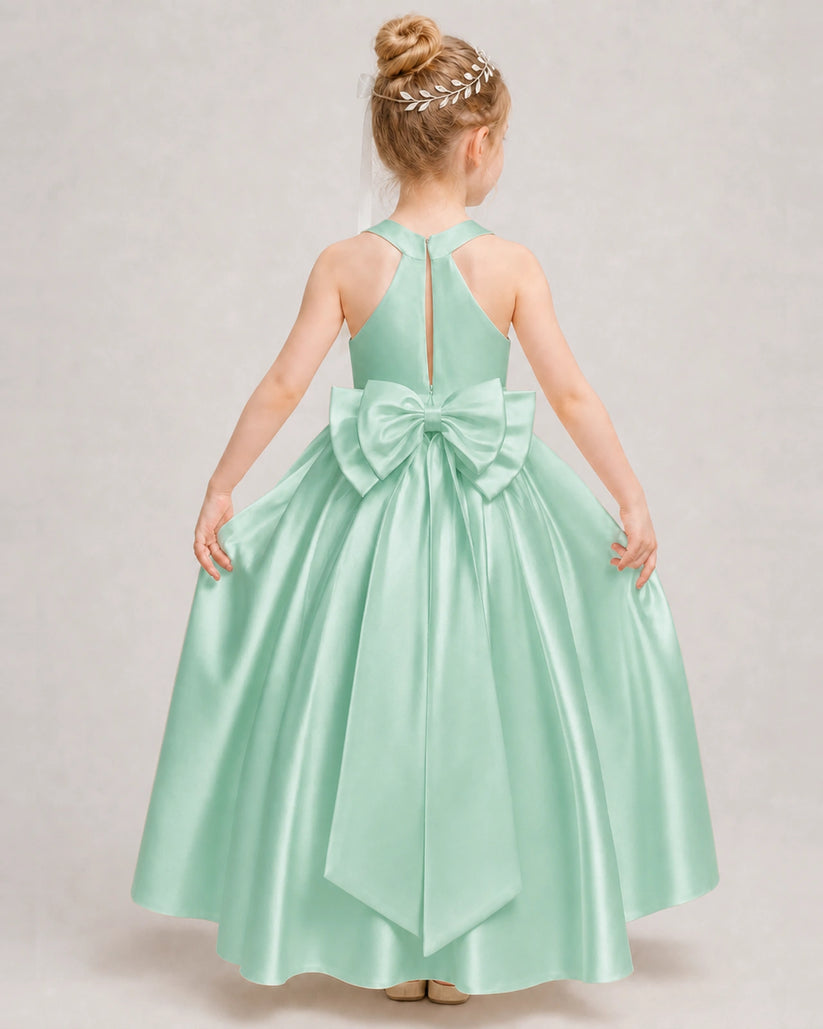 Mint Green Satin A-line Girls Formal Dress Back View