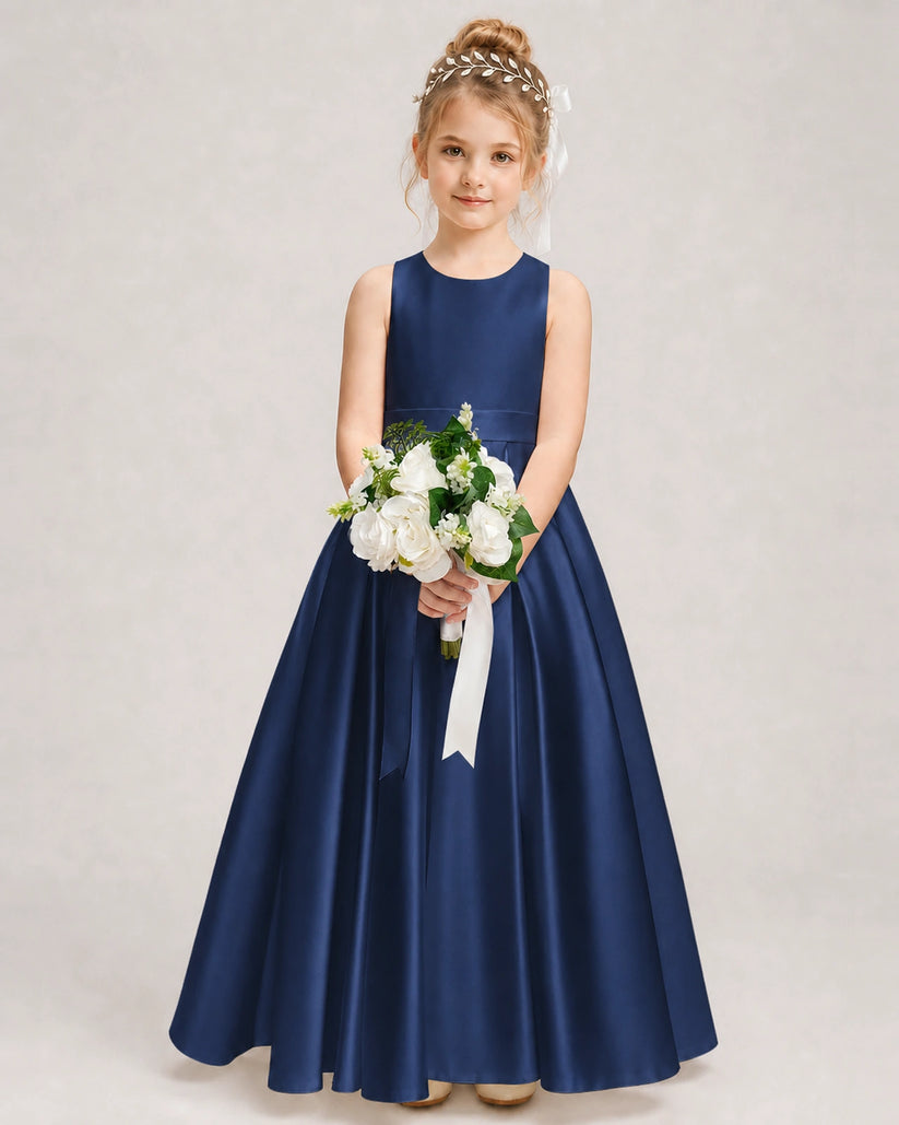 Navy Blue Satin A-line Girls Formal Dress Front View