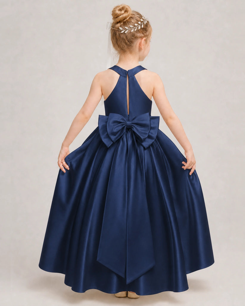 Navy Blue Satin A-line Girls Formal Dress Back View