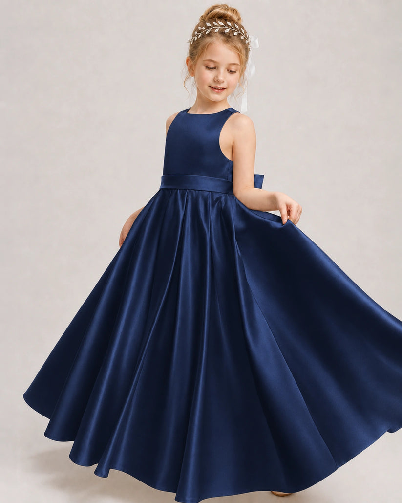 Navy Blue Satin A-line Girls Formal Dress Side View