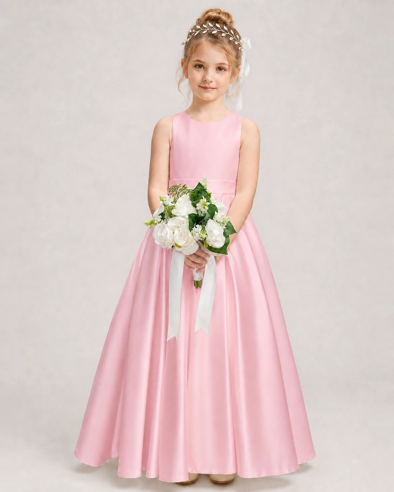 Dideyttawl White Flower Girl Dress | Halter Satin Floor-Length Ball Gown