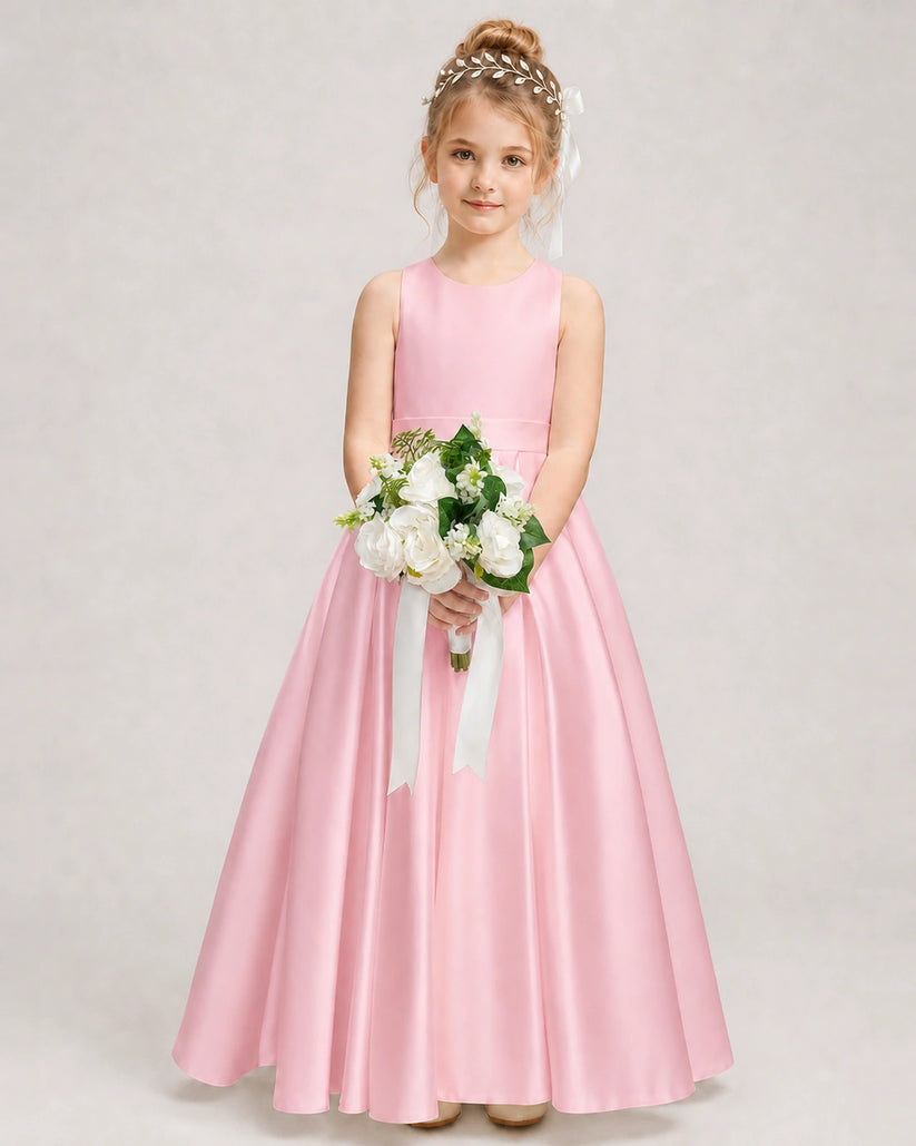 Pink Satin A-line Girls Formal Dress Front View