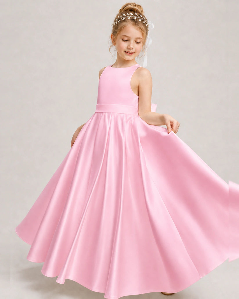 Pink Satin A-line Girls Formal Dress Front View