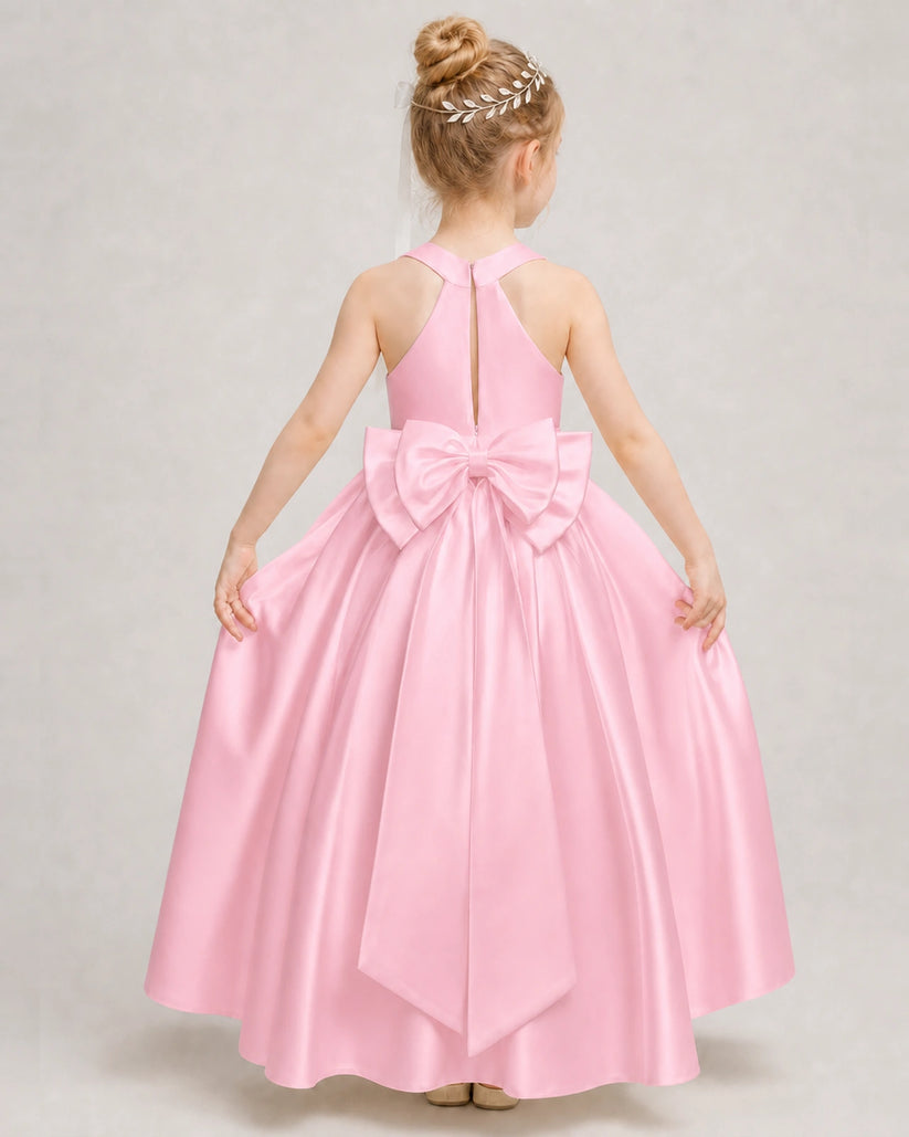 Pink Satin A-line Girls Formal Dress Back View