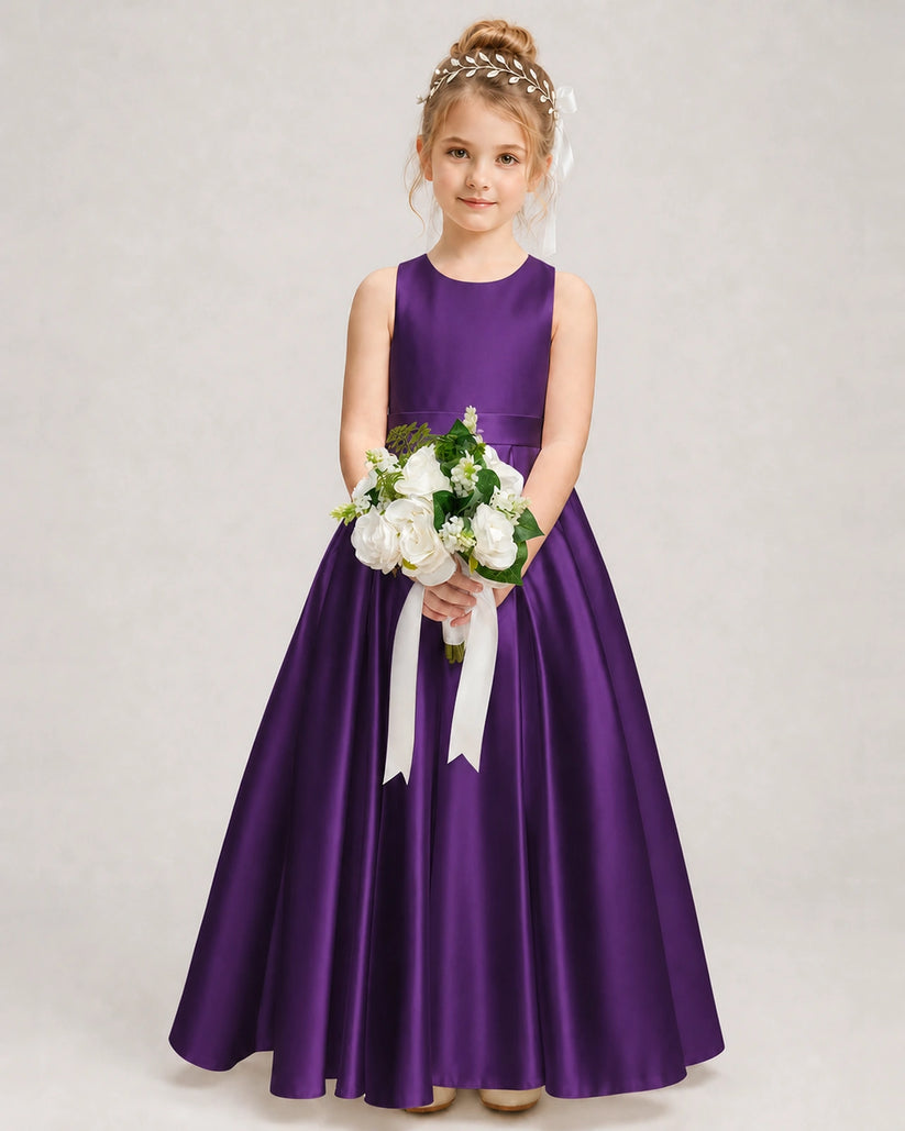 Purple Satin A-line Girls Formal Dress Front View
