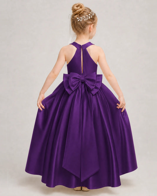 Purple Satin A-line Girls Formal Dress Back View