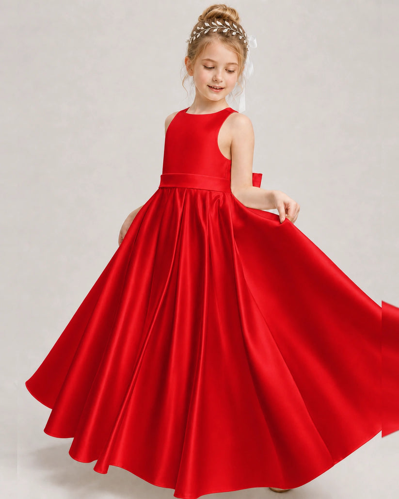 Red Satin A-line Girls Formal Dress Front View