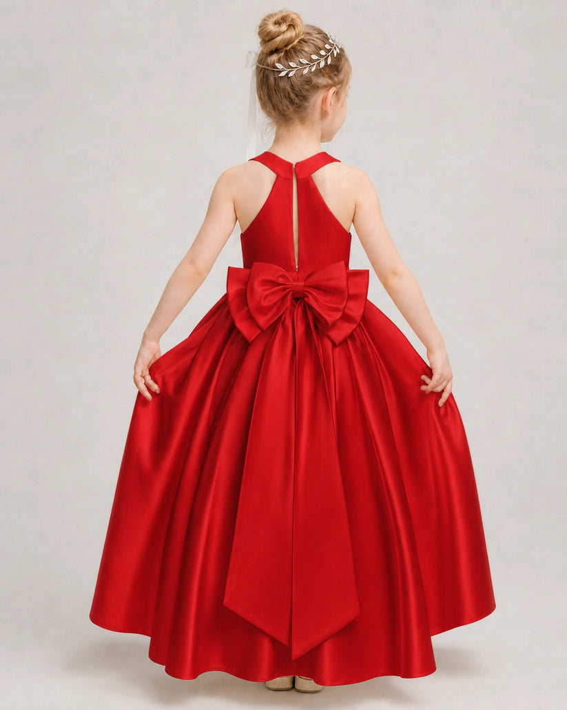 Red Satin A-line Girls Formal Dress Back View