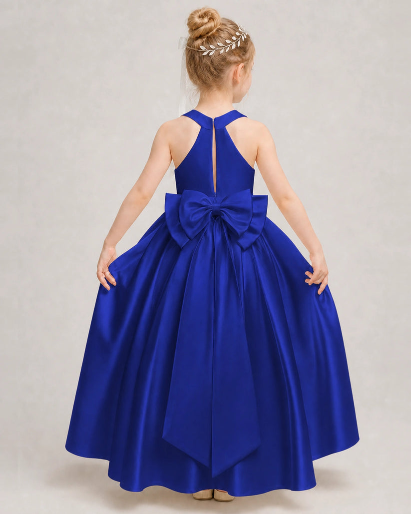 Royal Blue Satin A-line Girls Formal Dress Back View