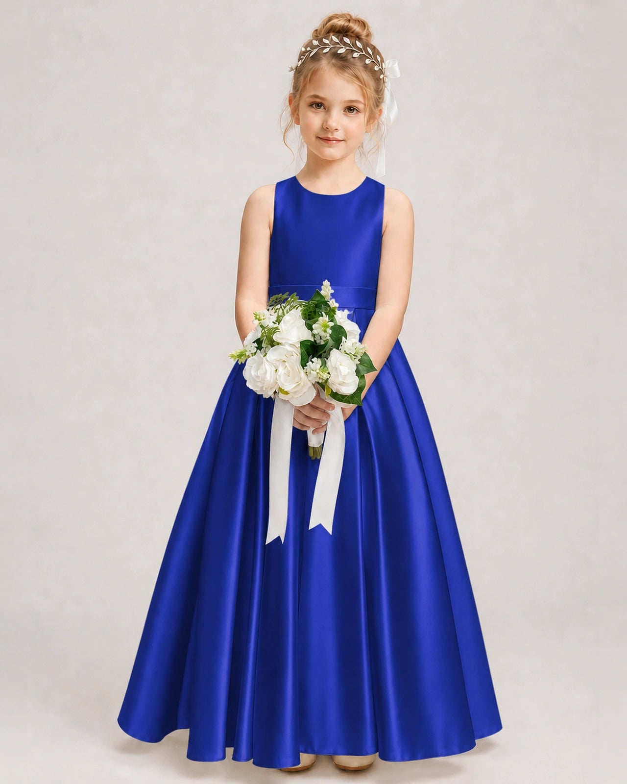 Dideyttawl White Flower Girl Dress | Halter Satin Floor-Length Ball Gown