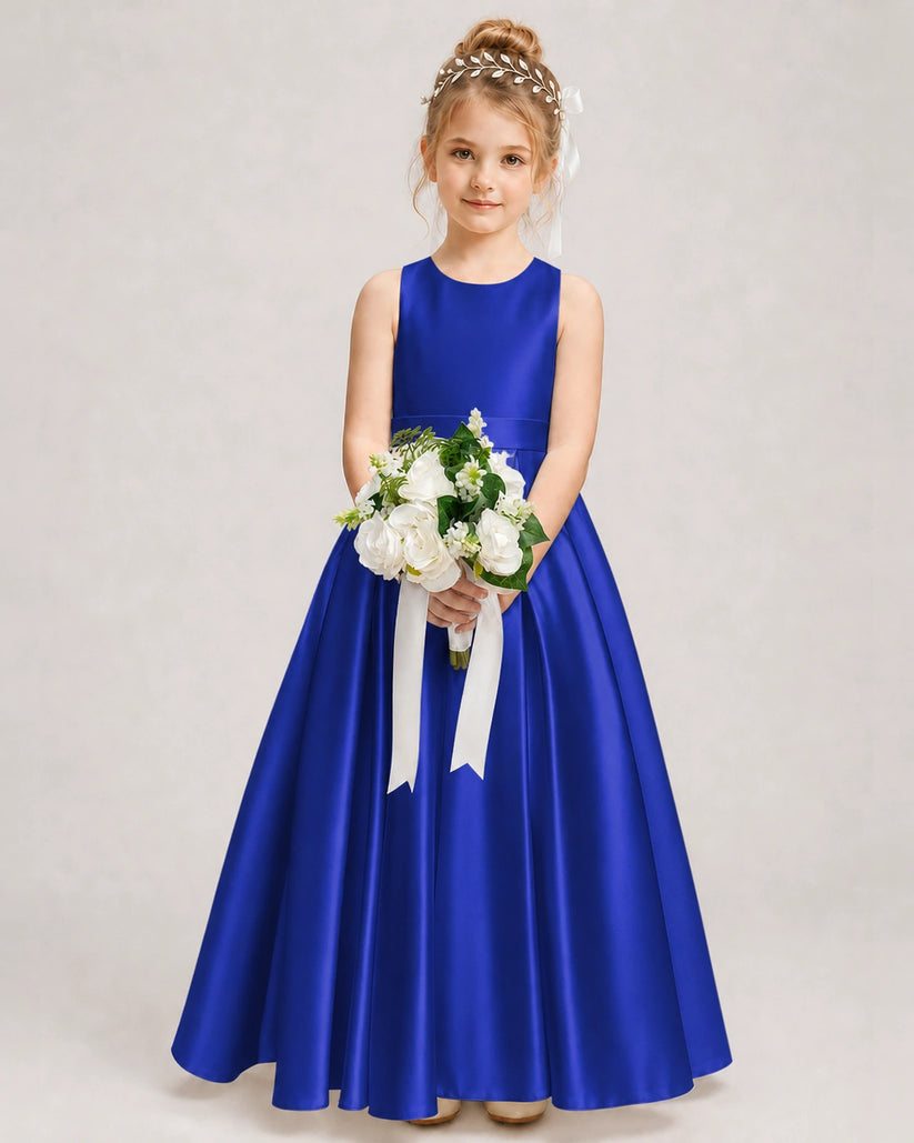 Royal Blue Satin A-line Girls Formal Dress Front View