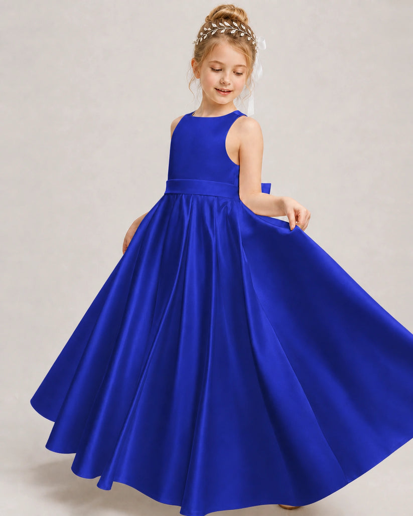 Royal Blue Satin A-line Girls Formal Dress Front View