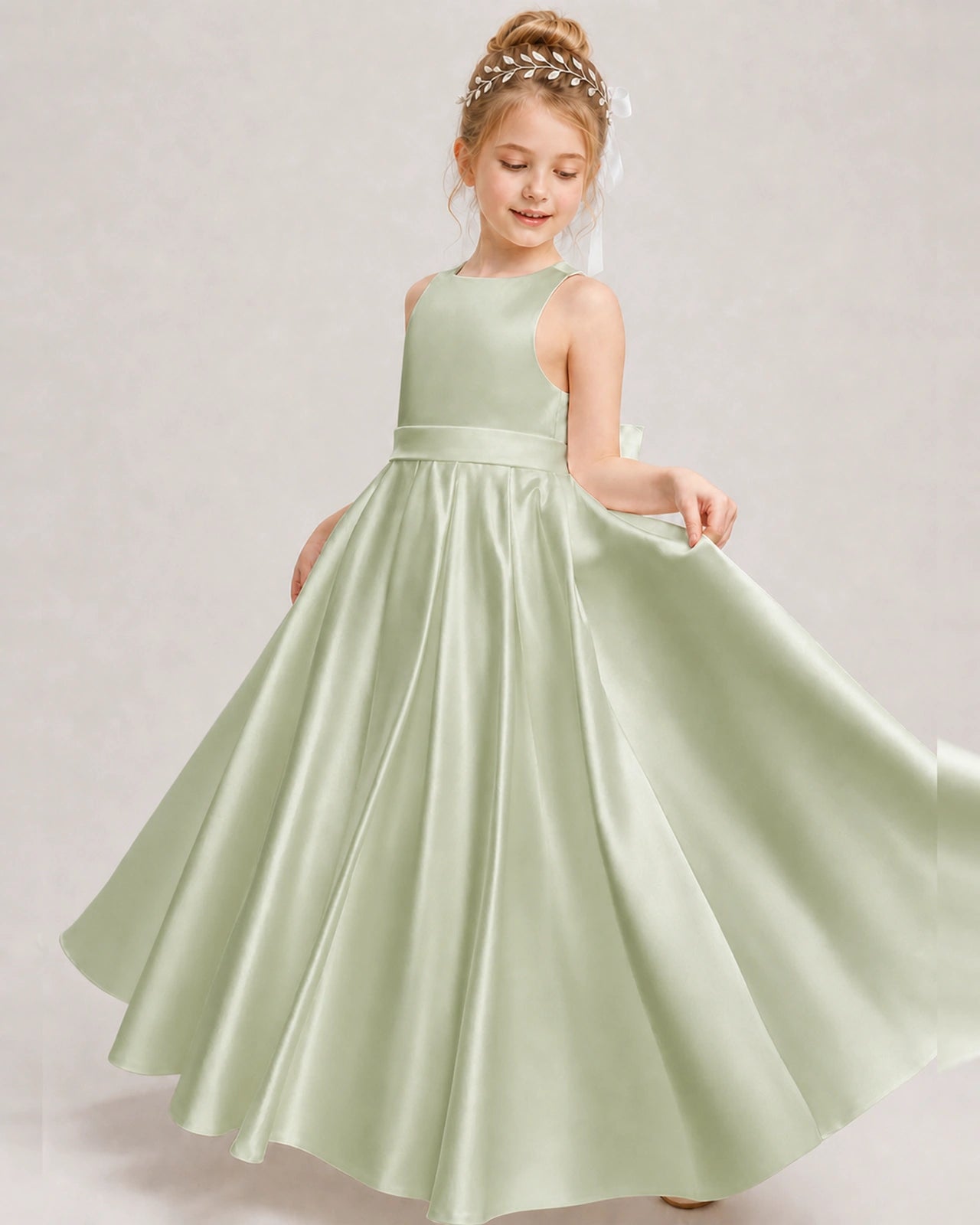 Dideyttawl White Flower Girl Dress | Halter Satin Floor-Length Ball Gown