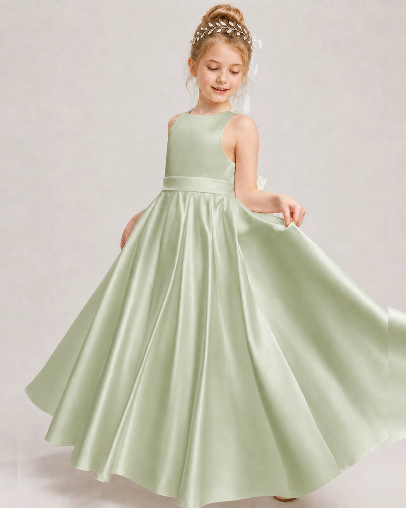 Sage Green Satin A-line Girls Formal Dress Front View