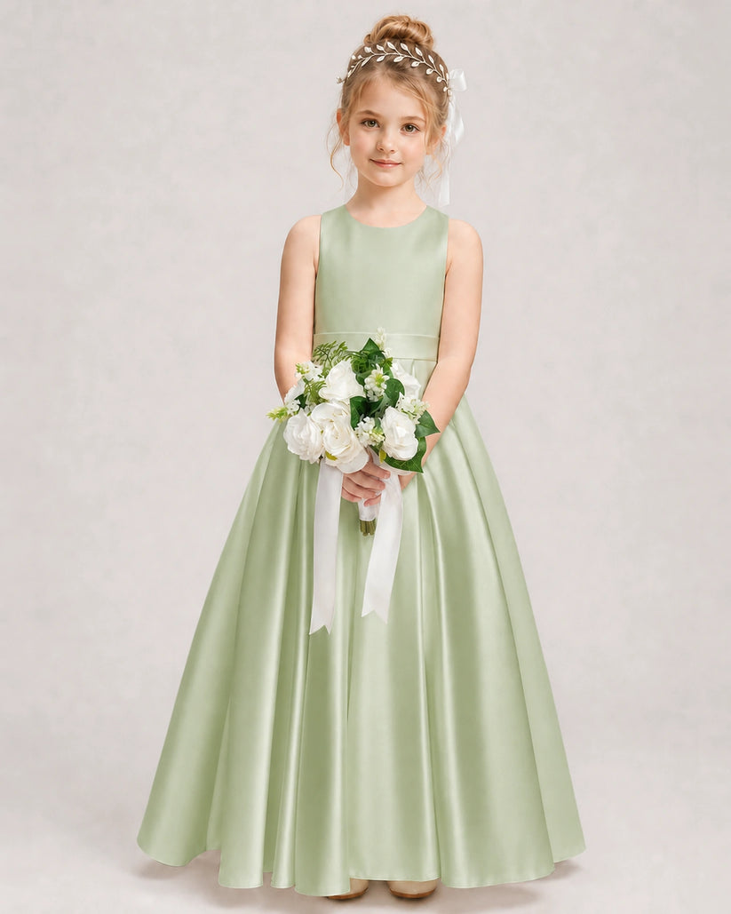 Sage Green Satin A-line Girls Formal Dress Front View