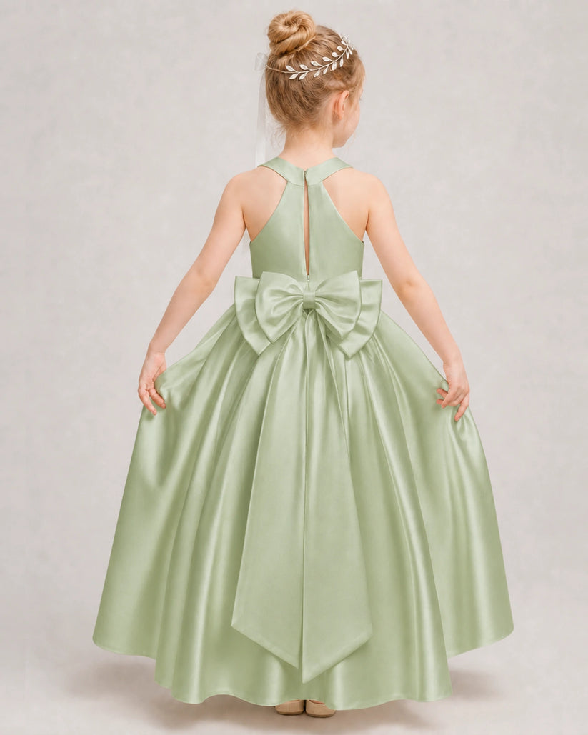 Sage Green Satin A-line Girls Formal Dress Back View