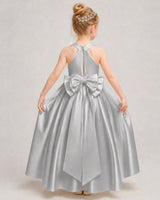 Silver Satin A-line Girls Formal Dress Back View