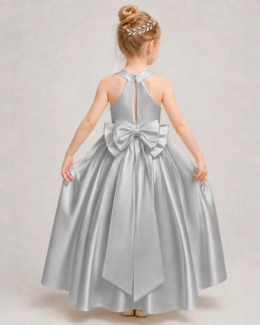 Silver Satin A-line Girls Formal Dress Back View