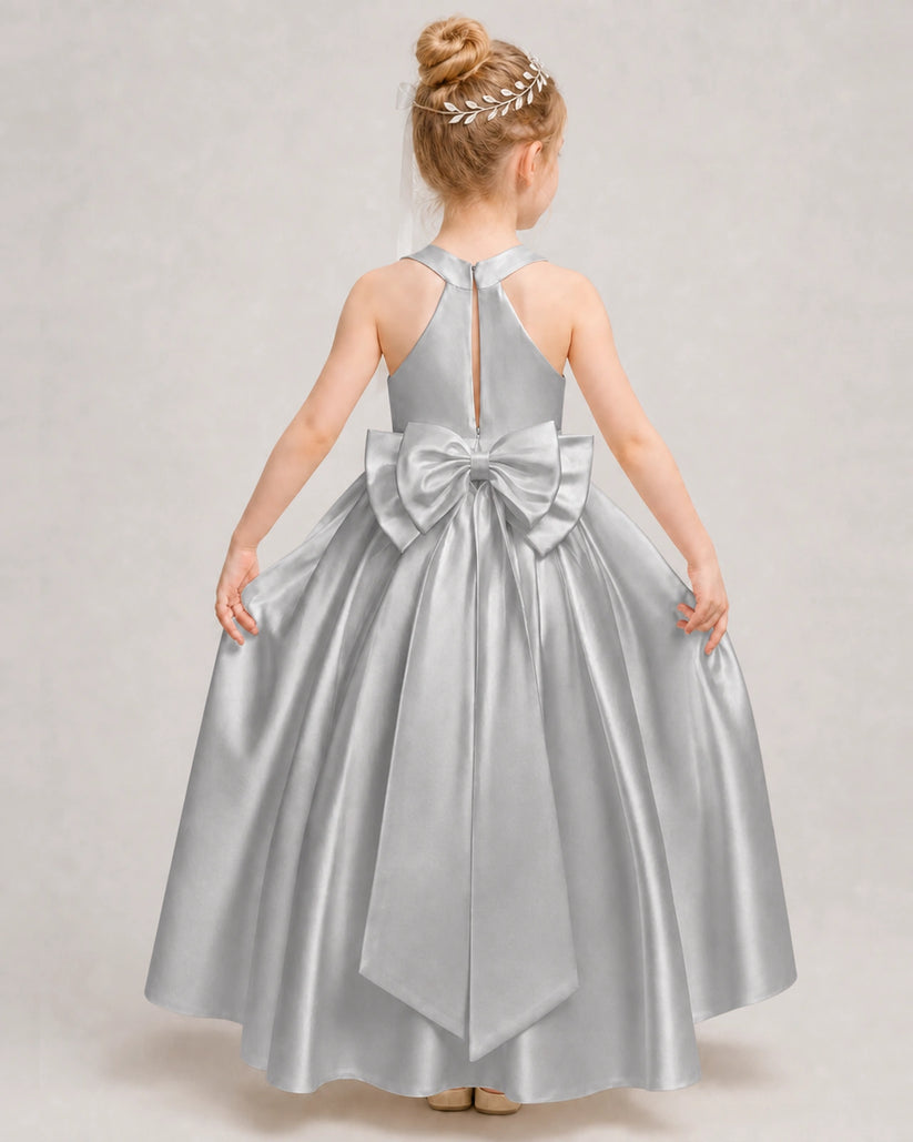 Silver Satin A-line Girls Formal Dress Back View