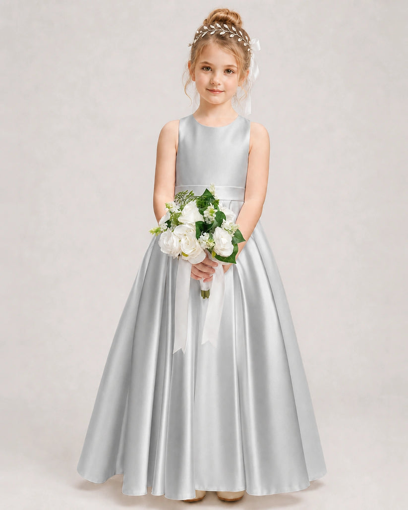 Silver Satin A-line Girls Formal Dress Front View