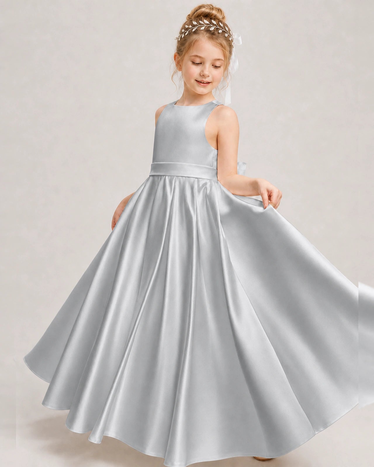 Dideyttawl White Flower Girl Dress | Halter Satin Floor-Length Ball Gown