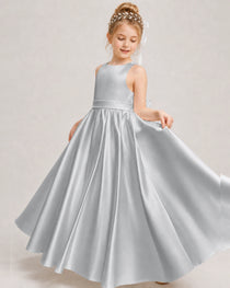 Dideyttawl White Girls Formal Dress Halter Satin Floor-Length Ball Gown