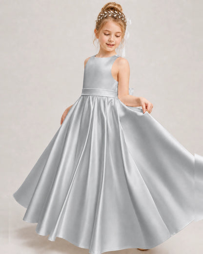 Dideyttawl White Flower Girl Dress | Halter Satin Floor-Length Ball Gown