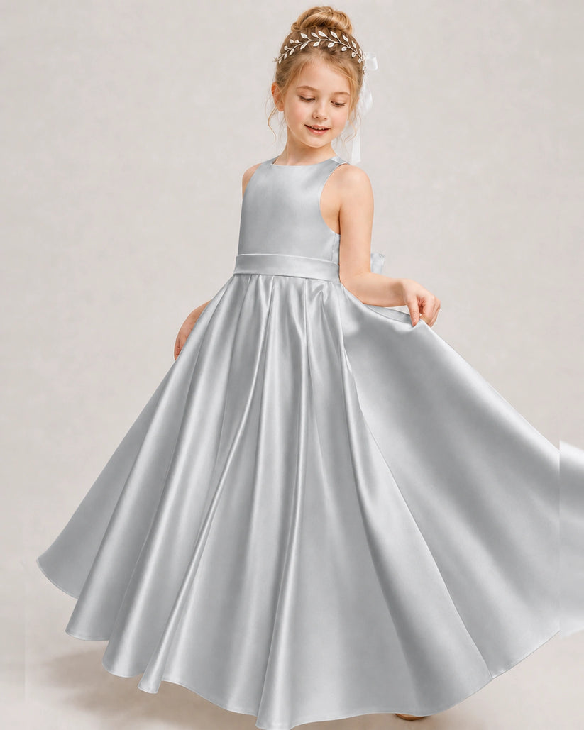 Silver Satin A-line Girls Formal Dress Front View