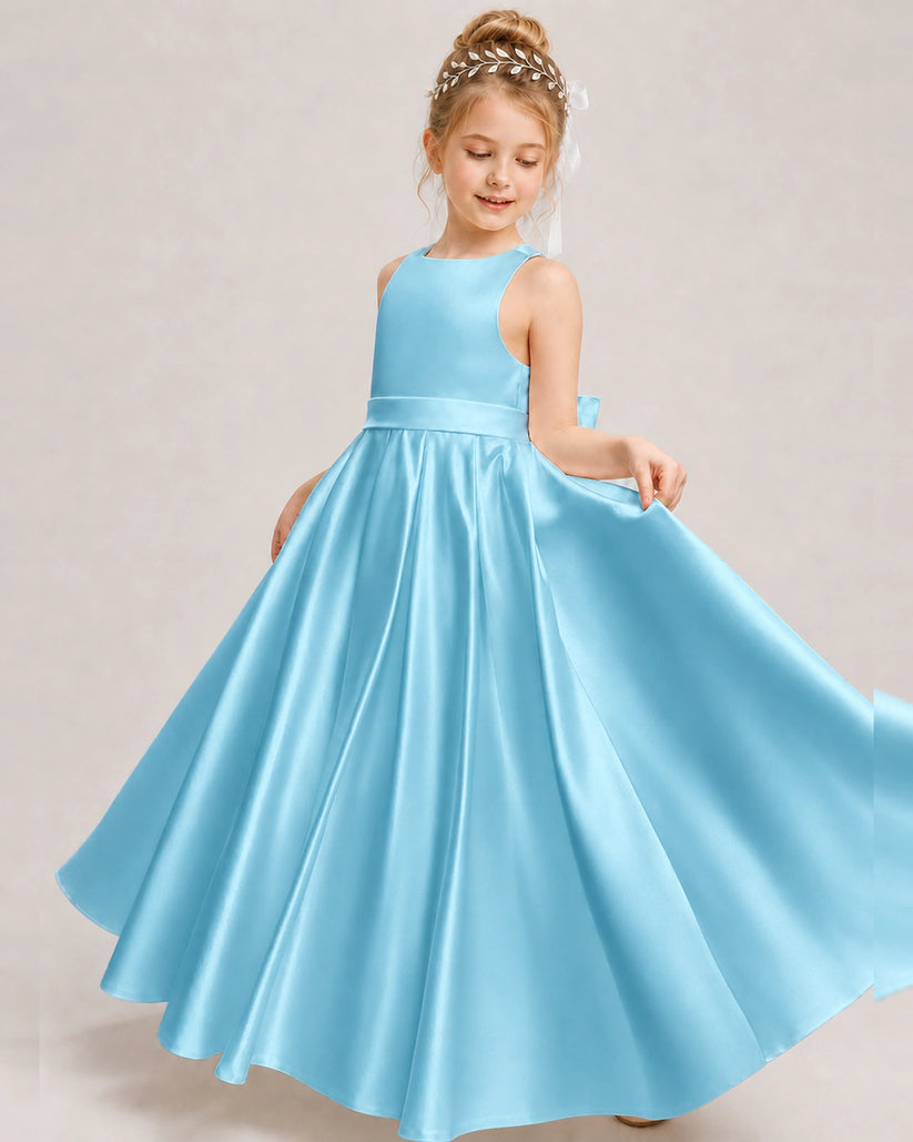 Sky Blue Satin A-line Girls Formal Dress Front View