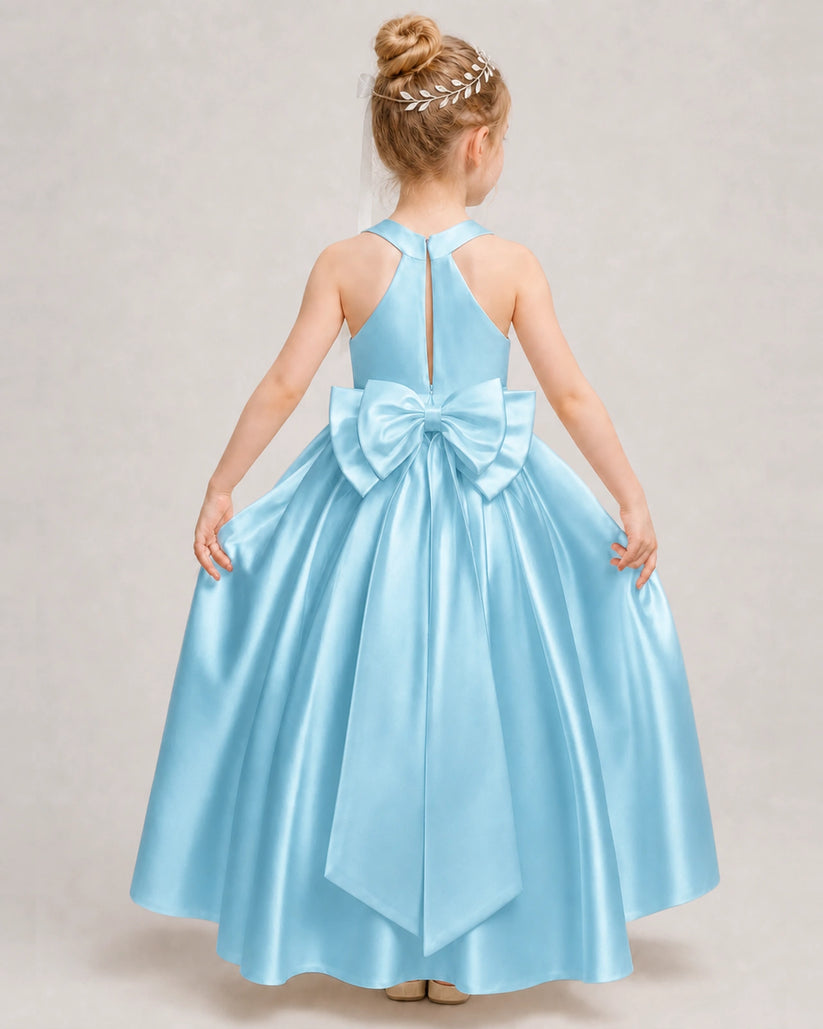Sky Blue Satin A-line Girls Formal Dress Back View