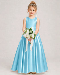 Dideyttawl White Girls Formal Dress Halter Satin Floor-Length Ball Gown