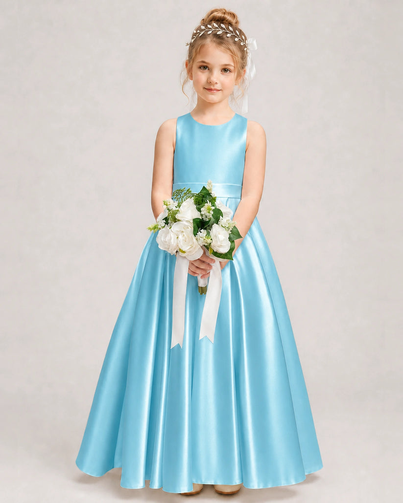 Sky Blue Satin A-line Girls Formal Dress Front View